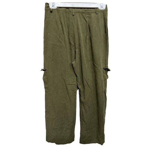Sans Souci Olive Green Linen Blend Wide Leg Cargo Pants Size Small Utility Style - Picture 3 of 7